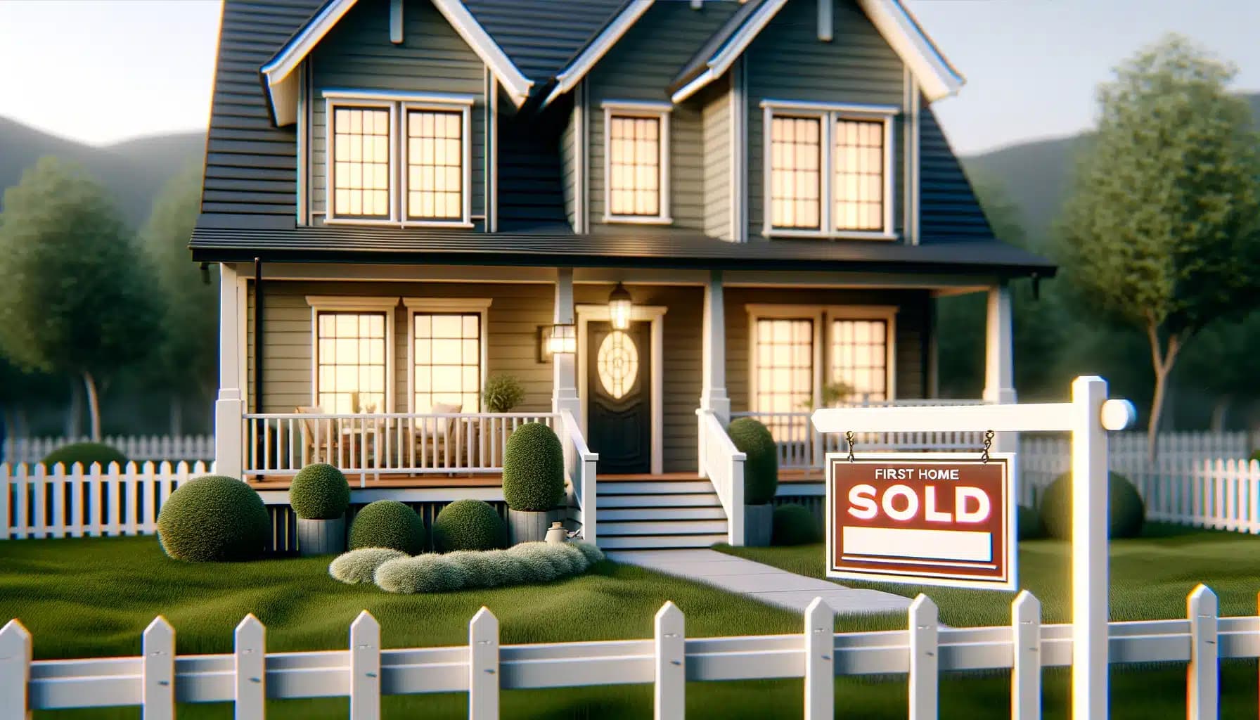 DALL·E 2024-02-28 09.09.41 - A welcoming and inviting image of a cozy, modern home with a 'Sold' sign in the front yard, symbolizing a successful first-time home purchase. The hou