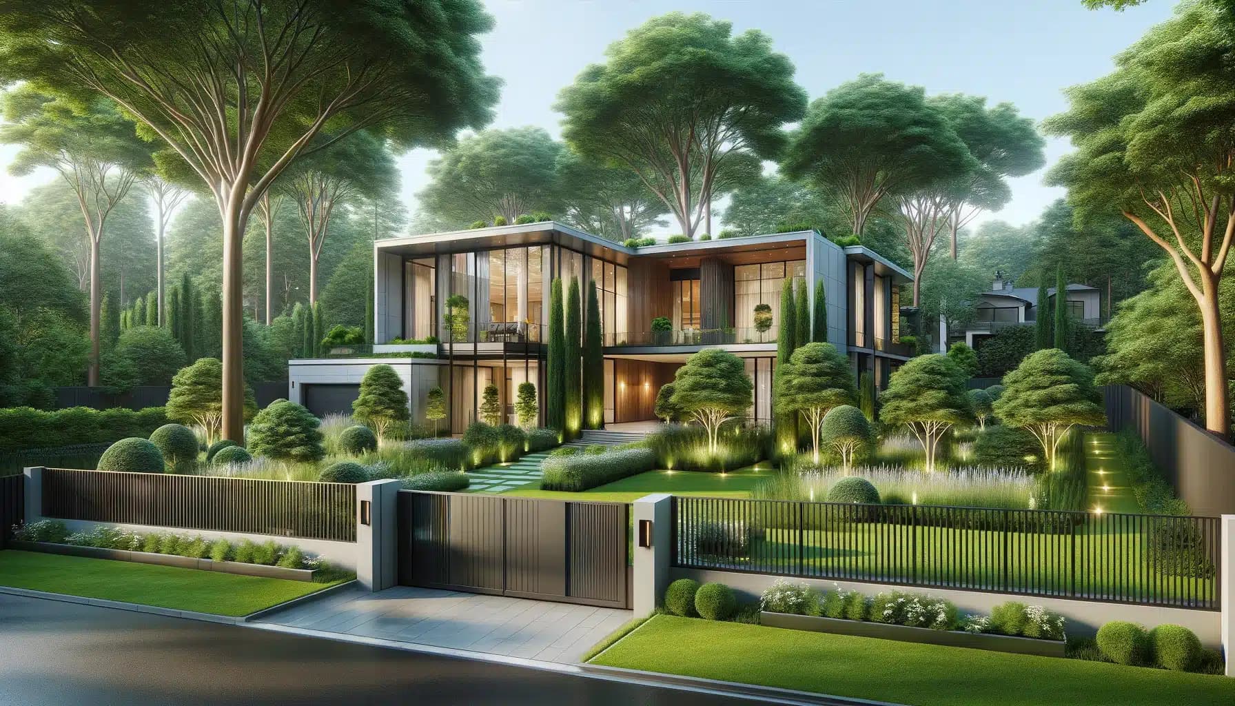 DALL·E 2024-02-28 09.07.15 - A photorealistic image of a luxurious and private modern home surrounded by lush greenery, with a large gated entrance ensuring privacy. The house is
